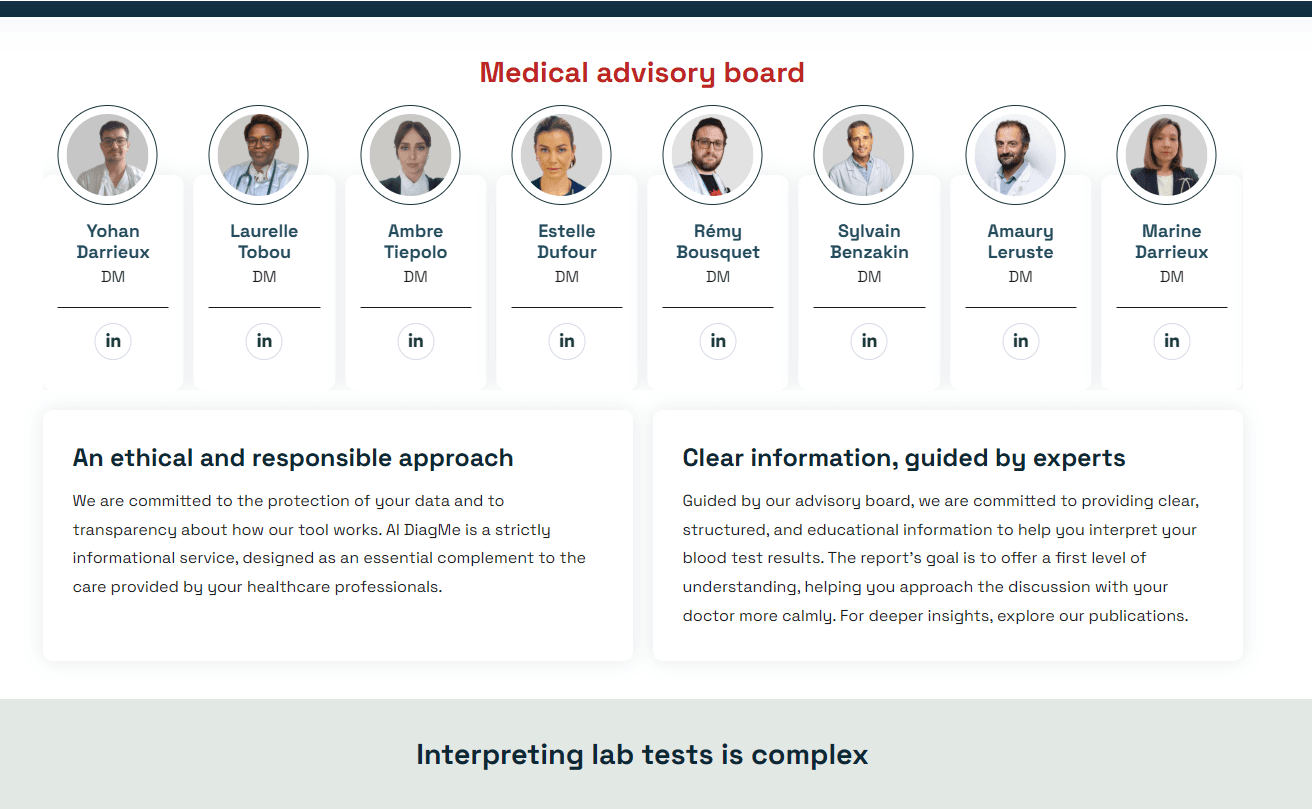 AI DiagMe interface showing AI-based medical report interpretation and healthcare product messaging.