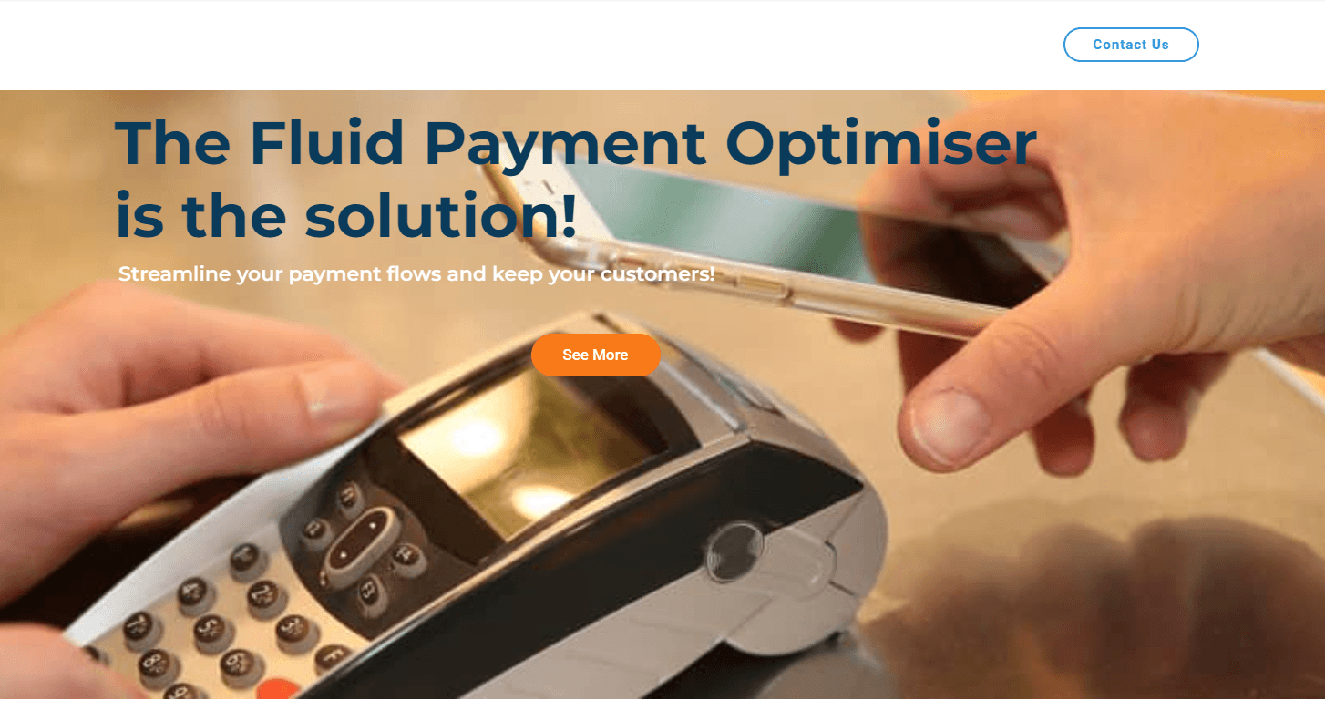 Fluid Fintec product site showing payment optimization messaging and fintech platform interface.
