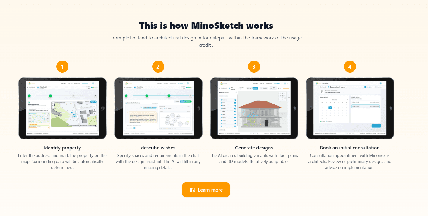 Minonexus product interface showing AI-driven architectural planning and 3D design workflow.
