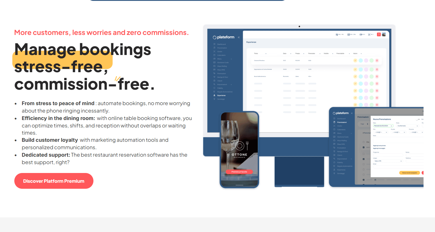 Plateform dashboard showing restaurant reservation management and hospitality workflow features.